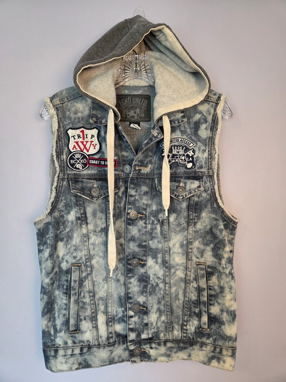 Vintage Acid Wash Denim Hoodie Vest Patches Mens XS Y2K Streetwear Grunge Skater